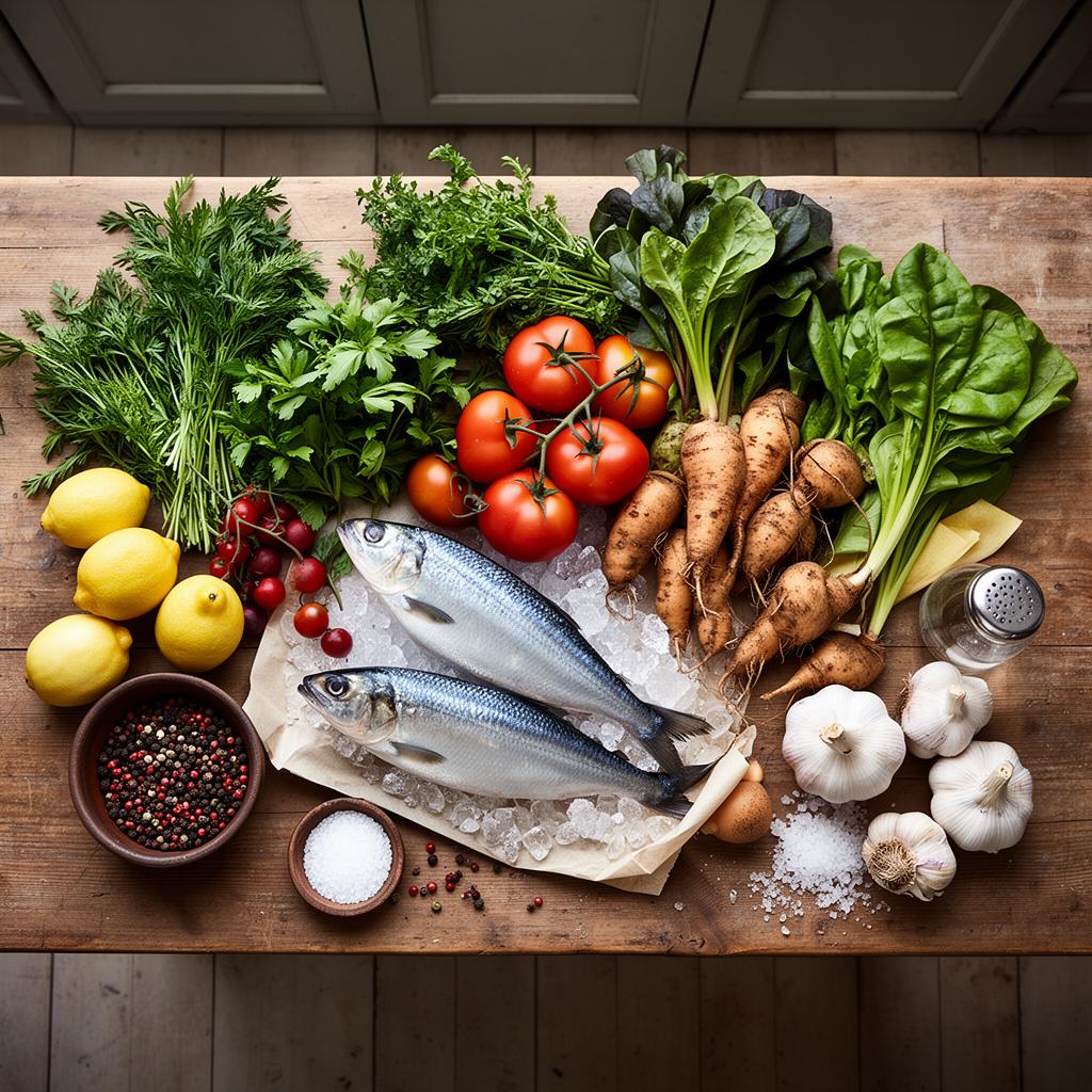 Overhead spread of seasonal raw ingredients on a wooden counter — herbs, fish, root vegetables, lemons, sea salt